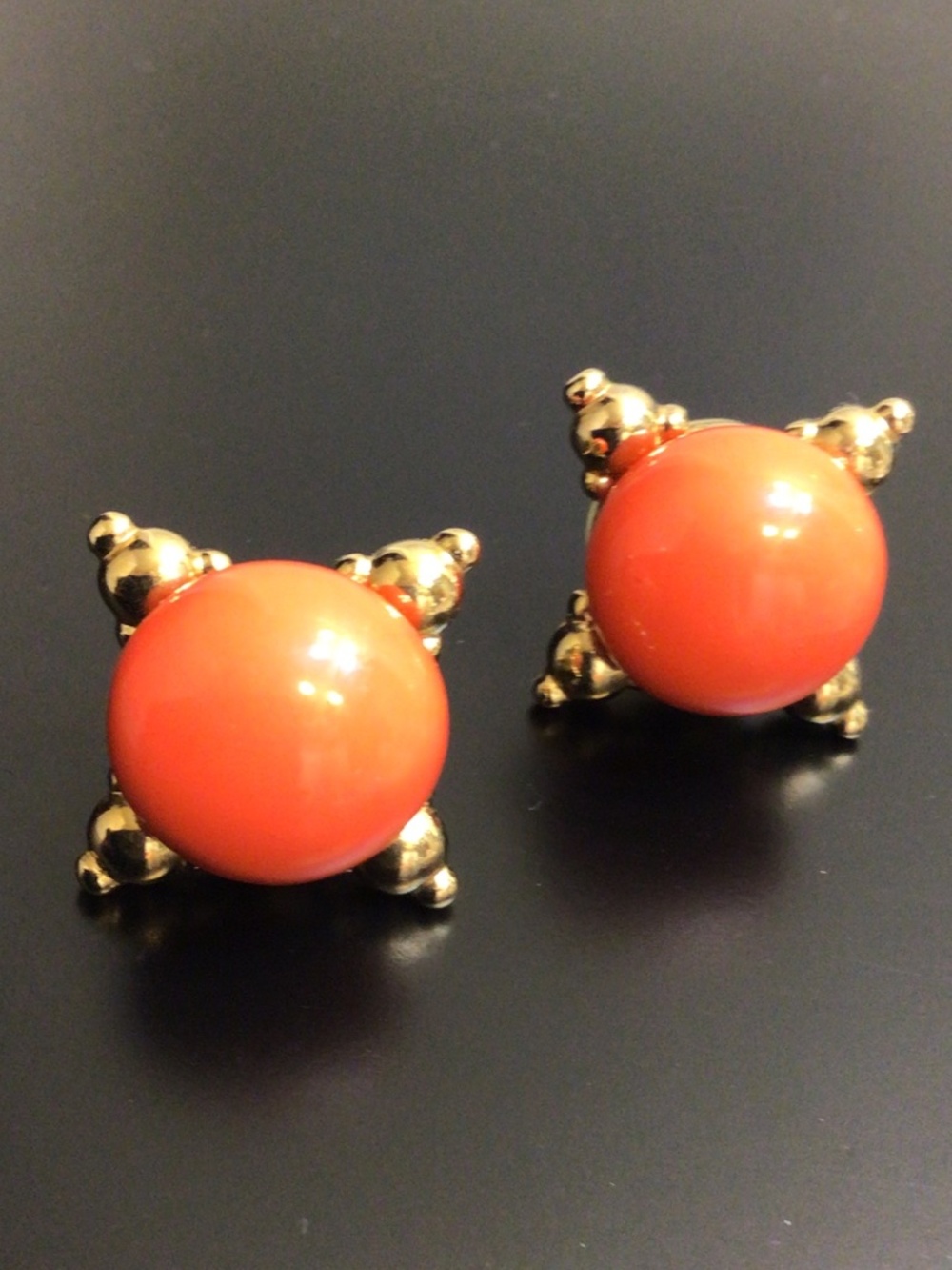 Italy High-dome Post Earrings Faux Coral Cabochons Prong Setting Gold-tone
